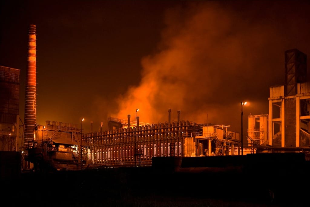 Illuminated process-industry infrastructure at night